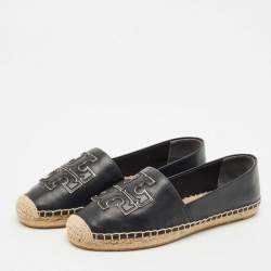 Tory Burch Black Leather Ines Espadrille Flats Size 37.5