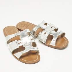 Tory Burch Silver Leather Flat Sandals Size 37