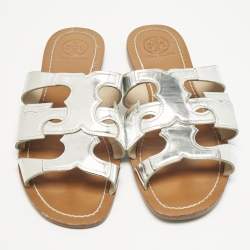 Tory Burch Silver Leather Flat Sandals Size 37