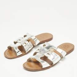 Tory Burch Silver Leather Flat Sandals Size 37