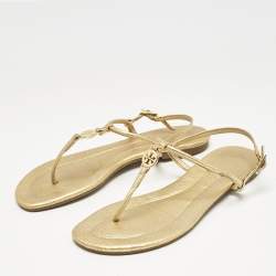 Pre Owned Tory Burch Gold Leather Thong Slingback Flat Sandals Size 36