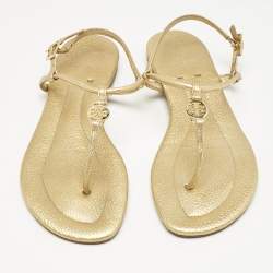 Pre Owned Tory Burch Gold Leather Thong Slingback Flat Sandals Size 36