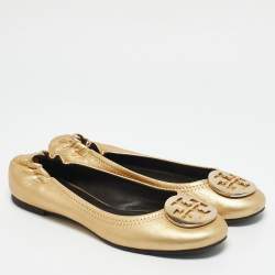 Tory Burch Gold Leather Reva Scrunch Ballet Flats Size 37