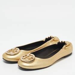 Tory Burch Gold Leather Reva Scrunch Ballet Flats Size 37