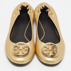 Tory Burch Gold Leather Reva Scrunch Ballet Flats Size 37