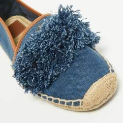 Tory Burch Navy Blue Denim Shaw Fringe Espadrille Flats Size 38