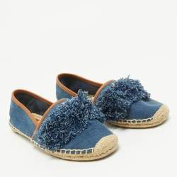 Tory Burch Navy Blue Denim Shaw Fringe Espadrille Flats Size 38