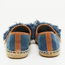 Tory Burch Navy Blue Denim Shaw Fringe Espadrille Flats Size 38