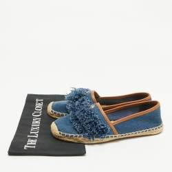 Tory Burch Navy Blue Denim Shaw Fringe Espadrille Flats Size 38
