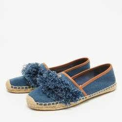 Tory Burch Navy Blue Denim Shaw Fringe Espadrille Flats Size 38