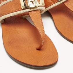 Tory Burch Orange Leather T-Strap Flat Sandals Size 38