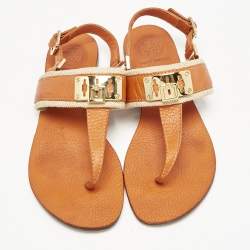 Tory Burch Orange Leather T-Strap Flat Sandals Size 38