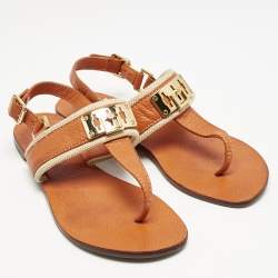 Tory Burch Orange Leather T-Strap Flat Sandals Size 38