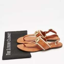 Tory Burch Orange Leather T-Strap Flat Sandals Size 38