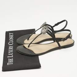 Tory Burch Black Leather Logo Embellished Flat Thong Sandals Size 38