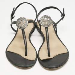 Tory Burch Black Leather Logo Embellished Flat Thong Sandals Size 38
