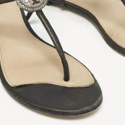 Tory Burch Black Leather Logo Embellished Flat Thong Sandals Size 38