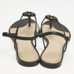 Tory Burch Black Leather Logo Embellished Flat Thong Sandals Size 38