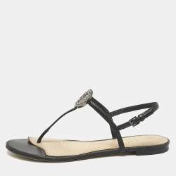 Tory Burch Black Leather Logo Embellished Flat Thong Sandals Size 38