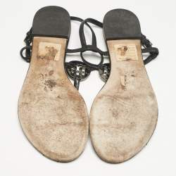 Tory Burch Black Leather Logo Embellished Flat Thong Sandals Size 38