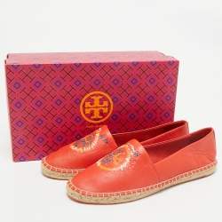 Tory Burch Orange Leather Daley Logo Espadrille Flats Size 39