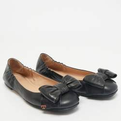 Pre Owned Tory Burch Black Leather Divine Bow Ballet Flats Size 39
