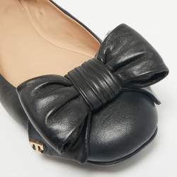 Pre Owned Tory Burch Black Leather Divine Bow Ballet Flats Size 39