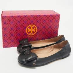 Pre Owned Tory Burch Black Leather Divine Bow Ballet Flats Size 39