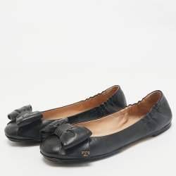 Pre Owned Tory Burch Black Leather Divine Bow Ballet Flats Size 39