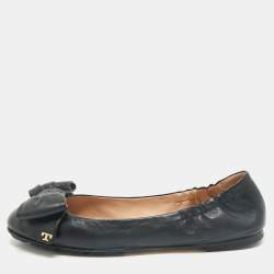 Tory Burch Black Leather Divine Bow Ballet Flats Size 39