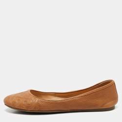 Tory Burch Tan Leather Logo Embossed Ballet Flats Size 38.5