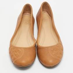 Tory Burch Tan Leather Logo Embossed Ballet Flats Size 38.5