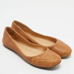 Tory Burch Tan Leather Logo Embossed Ballet Flats Size 38.5