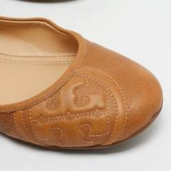 Tory Burch Tan Leather Logo Embossed Ballet Flats Size 38.5