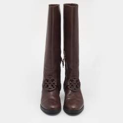 Pre Owned Tory Burch Brown Leather Miller Knee Length Boots Size 38.5