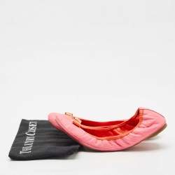 Pre Owned Tory Burch Pink/Orange Leather Bow Scrunch Ballet Flats Size 38.5