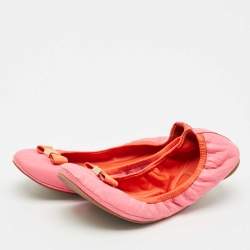 Pre Owned Tory Burch Pink/Orange Leather Bow Scrunch Ballet Flats Size 38.5
