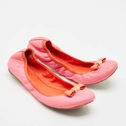 Pre Owned Tory Burch Pink/Orange Leather Bow Scrunch Ballet Flats Size 38.5