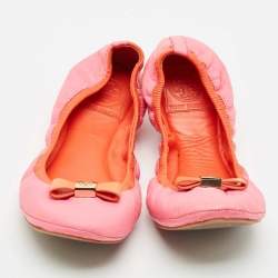 Pre Owned Tory Burch Pink/Orange Leather Bow Scrunch Ballet Flats Size 38.5