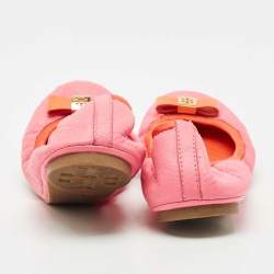 Pre Owned Tory Burch Pink/Orange Leather Bow Scrunch Ballet Flats Size 38.5