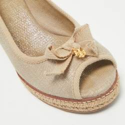 Tory Burch Grey Canvas Jackie Bow Peep Toe Wedge Espadrille Pumps Size 40