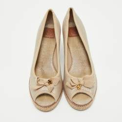 Tory Burch Grey Canvas Jackie Bow Peep Toe Wedge Espadrille Pumps Size 40