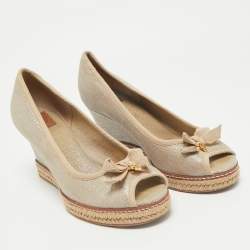 Tory Burch Grey Canvas Jackie Bow Peep Toe Wedge Espadrille Pumps Size 40