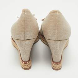 Tory Burch Grey Canvas Jackie Bow Peep Toe Wedge Espadrille Pumps Size 40