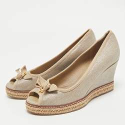 Tory Burch Grey Canvas Jackie Bow Peep Toe Wedge Espadrille Pumps Size 40