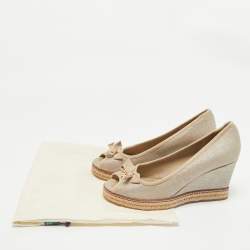 Tory Burch Grey Canvas Jackie Bow Peep Toe Wedge Espadrille Pumps Size 40