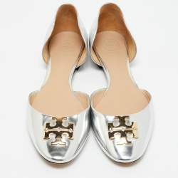 Pre Owned Tory Burch Silver Leather Raleigh Flats Size 38.5