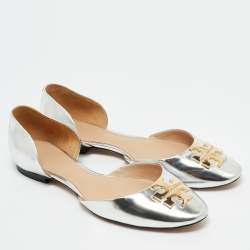 Pre Owned Tory Burch Silver Leather Raleigh Flats Size 38.5