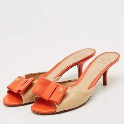 Pre Owned Tory Burch Beige/Orange Leather Bow Slide Sandals Size 39.5