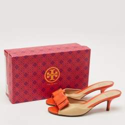 Pre Owned Tory Burch Beige/Orange Leather Bow Slide Sandals Size 39.5